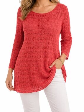 Peruvian Connection Crochet Lace Pima Cotton Sweater Top in Red Size Large